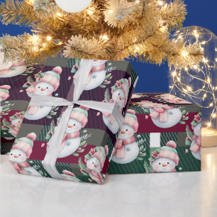 Papel De Presente Boneco de Neve de Natal Xadrez Festa Pastel