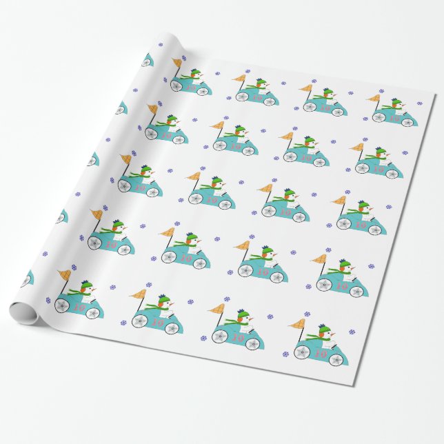 Papel De Presente Boneco de Neve Dirigindo seu Carro de Corrida (Desenrolado)