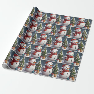 Papel De Presente Boneco de Neve e Árvore de Natal com Presentes