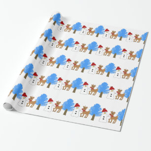 Papel De Presente Boneco de Neve e Rena na Floresta