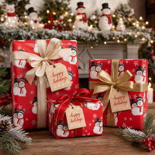 Papel De Presente Boneco de Neve em Arte Vermelha de Natal ou