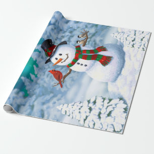 Papel De Presente Boneco de Neve Feliz Natal & Pássaros Cena de Inve