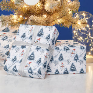 Papel De Presente Boneco de Neve Fofo E Árvores Nevadas Feliz Natal