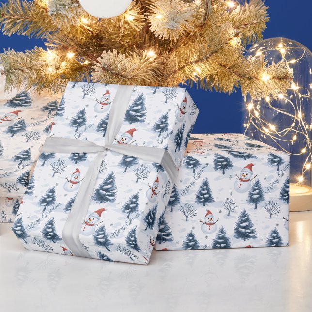 Papel De Presente Boneco de Neve Fofo E Árvores Nevadas Feliz Natal (Feriados)