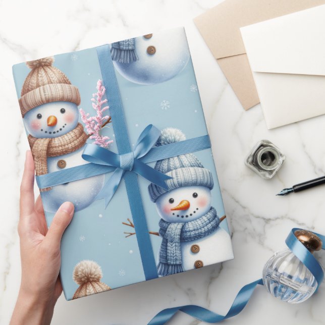 Papel De Presente Boneco de Neve Fofo Fundo Azul Natalino (Presentear)