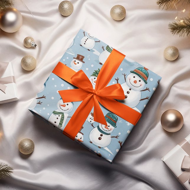Papel De Presente Boneco de Neve Fofo Natal Padrão Azul Feriado (Criador carregado)