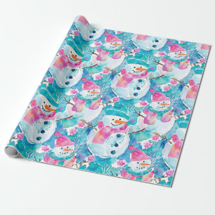 Papel De Presente Boneco de neve fofo padrão de aquarela turquesa