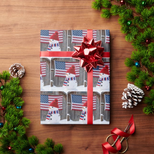 Papel De Presente Boneco de Neve Patriótico Com Bandeira Americana (Presente de Natal)