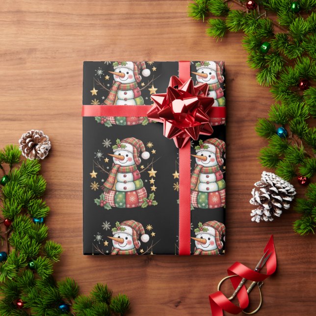 Papel De Presente Boneco de Neve Retrô em Patchwork Merry Christmas  (Presente de Natal)