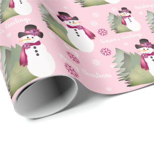 Papel De Presente Boneco de Neve Rosa e Borgonha