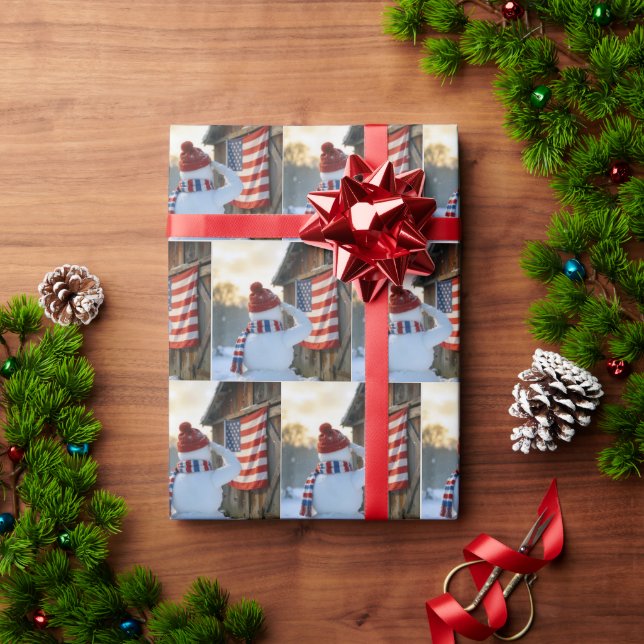 Papel De Presente Boneco de Neve Saudando uma Bandeira Americana (Presente de Natal)