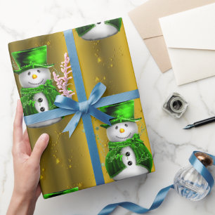 Papel De Presente Boneco de neve verde no Natal Dourado