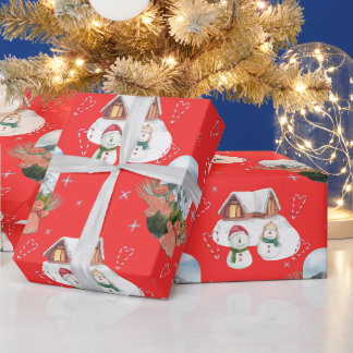 Papel De Presente Bonecos de Neve e Festivo Natal Vermelho de Pão de