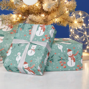 Papel De Presente Bonecos de Neve Flocos de Neve Folhas de Azevinho 