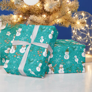 Papel De Presente Bonecos de Neve Flocos de Neve Folhas de Azevinho 