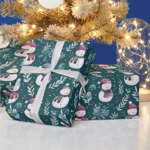 Papel De Presente Bonecos de Neve Fofos Vegetação Verde Natal