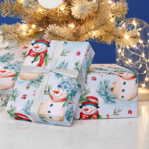 Papel De Presente Bonecos de Neve Folhas de Inverno Verde Moderno Na