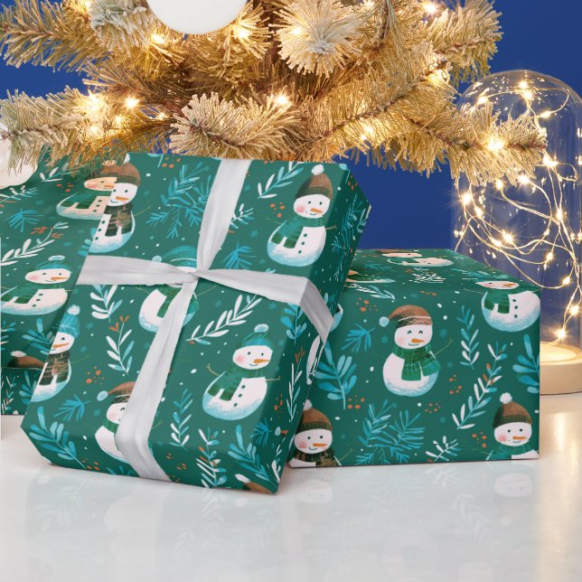 Papel De Presente Bonecos de Neve Lindos Verde Natal (Feriados)