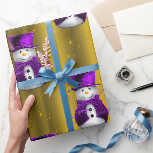 Papel De Presente Bonecos de neve roxos no Natal Dourado