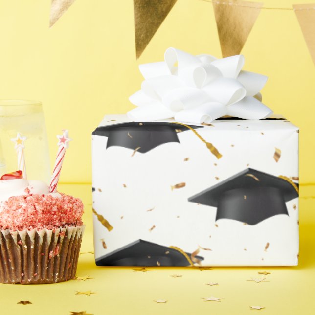 Papel De Presente Bonés de formatura pretos e Confetti Dourado (Festa de aniversário)