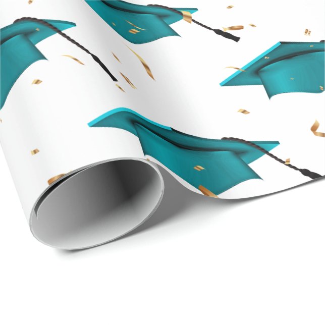 Papel De Presente Bonés de formatura Teais e Confetti Dourado (Ponta do rolo)