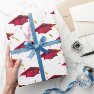 Papel De Presente Bonés de formatura vermelhos e Confetti Dourado