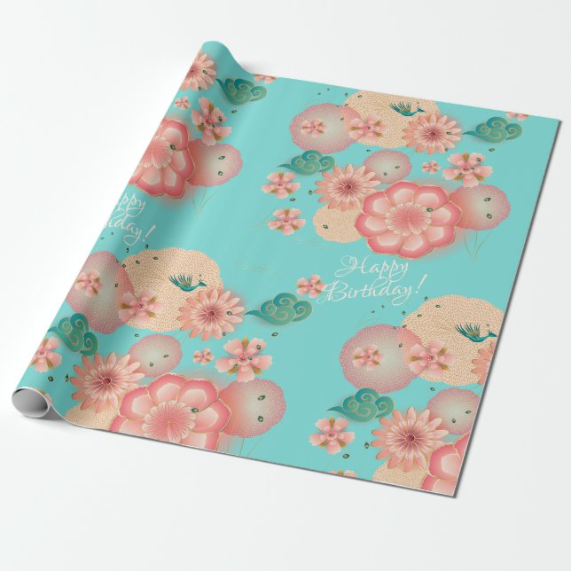 Papel De Presente Bonita decoração das flores de Primavera de pêsseg (Desenrolado)