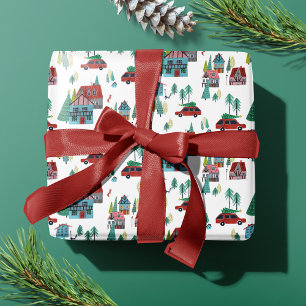 Papel De Presente Bonita esqui alpino, acolchoada chalet, carro verm