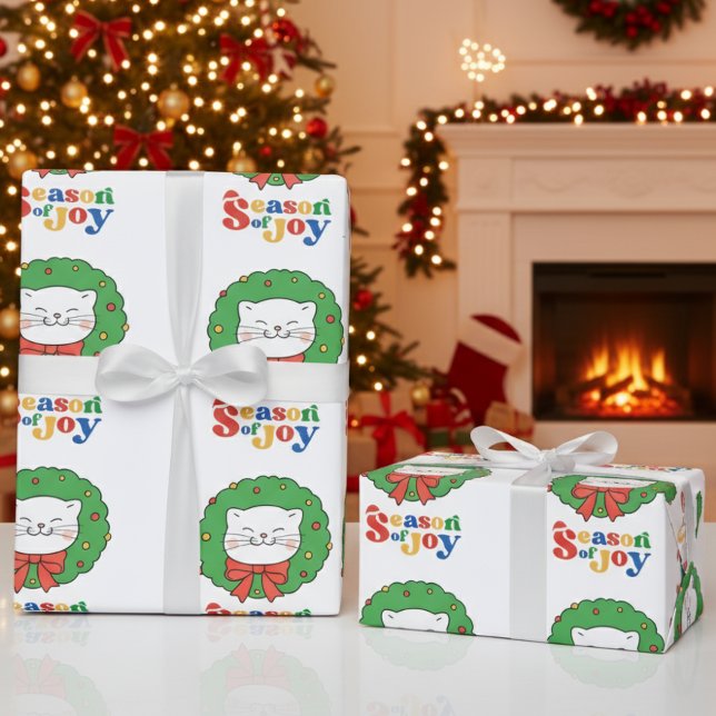 Papel De Presente Bonita Kawaii Cat Wreath Season of Joy (Criador carregado)