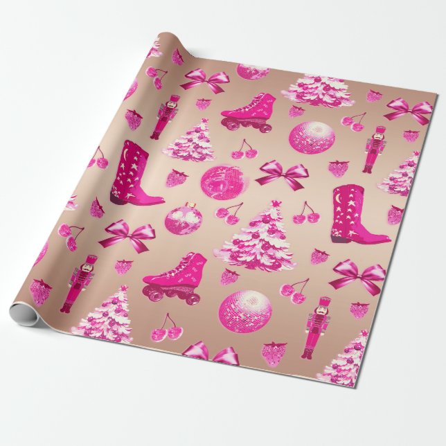 Papel De Presente Bonita menina pré-disquete rosa Rosa de Natal Dour (Desenrolado)