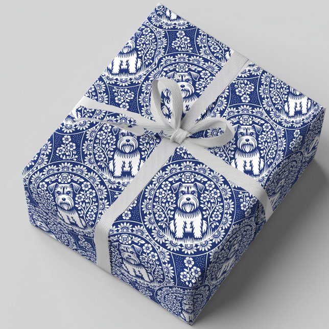 Papel De Presente Bonita miniatura Schnauzer em jardim de flores (Background color is customizable)