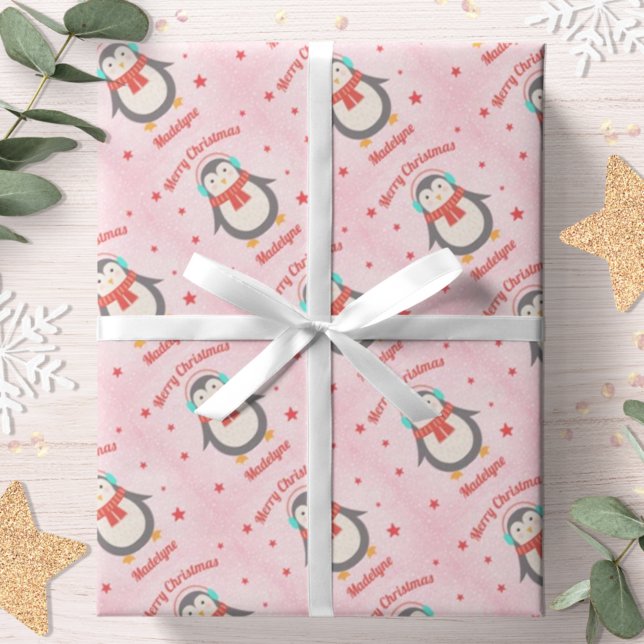 Papel De Presente Bonita Neve Rosa De Natal Pinguim Personalizada (Criador carregado)