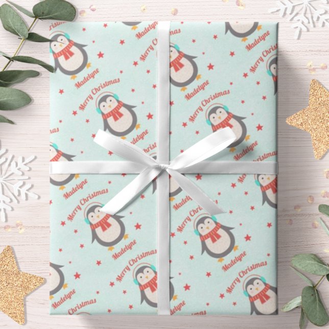 Papel De Presente Bonita Pinguim Natal Aqua Snow Personalizada (Criador carregado)
