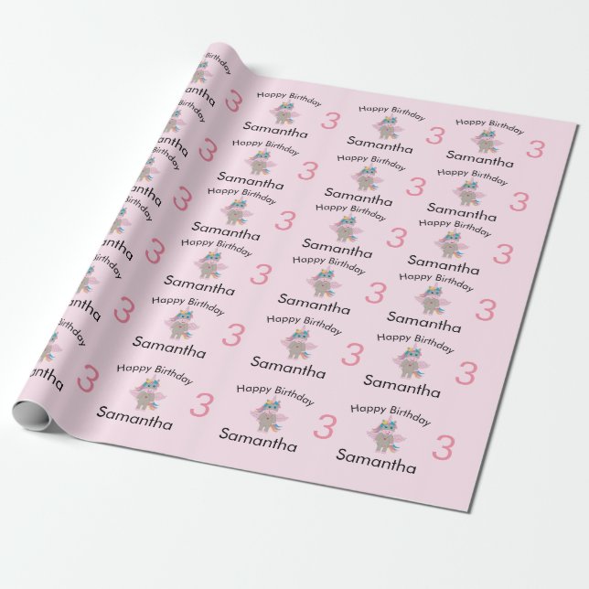 Papel De Presente Bonita Rainbow Unicorn Pink Girl Name & Age Aniver (Desenrolado)