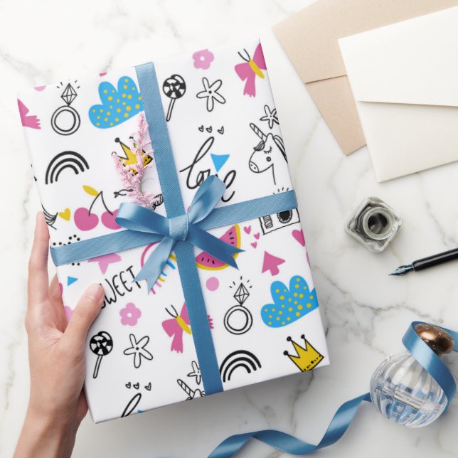 Papel De Presente Bonita Rapariga do Unicórnio Arco-Íris Branca (Presentear)