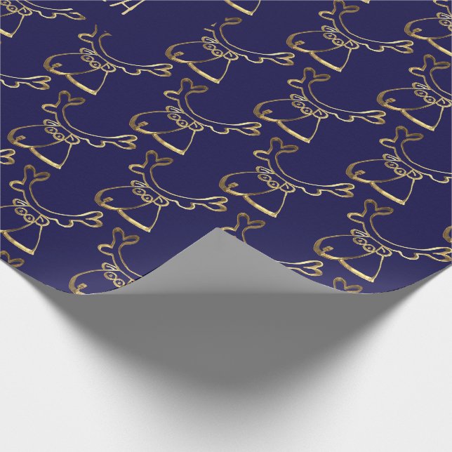 Papel De Presente Bonita Reindeer Padrão Faux Dourado Natal Azul (Ponta)