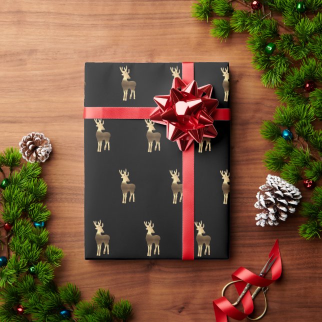 Papel De Presente Bonita Reindeer Padrão Preto e Dourado Natal (Presente de Natal)