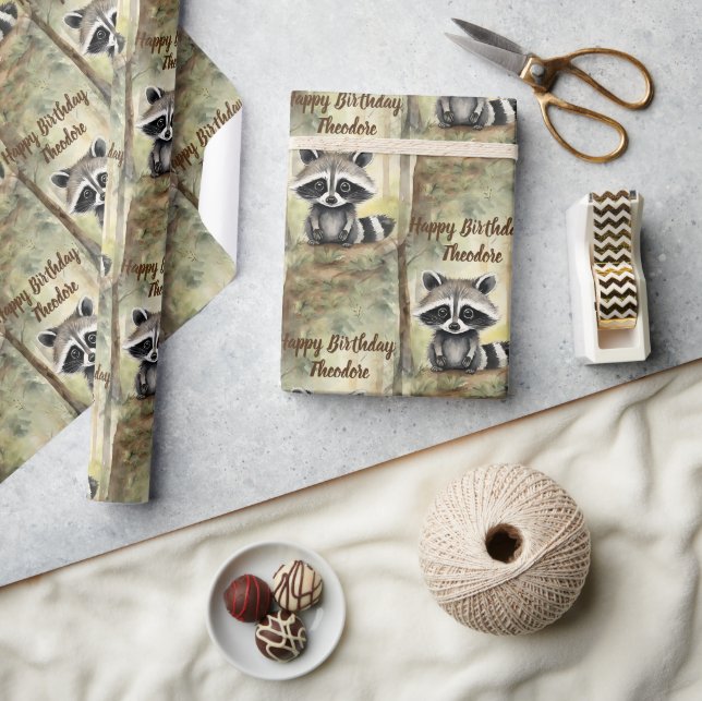 Papel De Presente Bonito Bebê Raccoon Personalizado Aniversário (Artesanato)