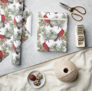 Papel De Presente Bonito Cardeais Vermelhos Berry Pine Branch Natal