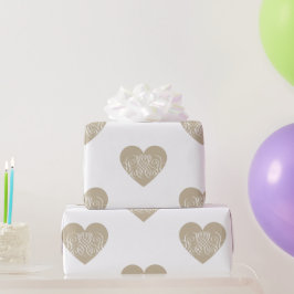 Papel De Presente Bonito Dourado / Beige Heart com Filigre Branco
