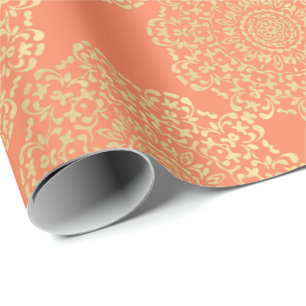 Papel De Presente Bonito Elegante Dourado Coral Lacy Padrão