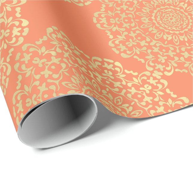 Papel De Presente Bonito Elegante Dourado Coral Lacy Padrão (Ponta do rolo)