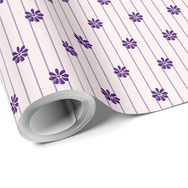 Papel De Presente Bonito Escova e Stripes Violetas e Flores Roxas (Ponta do rolo)