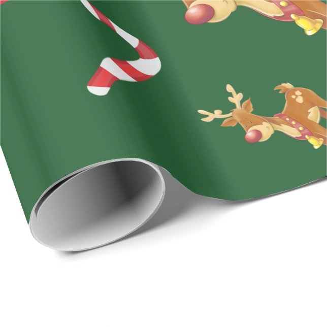 Papel De Presente Bonito Natal Rudolph Candy Cane Padrão Verde (Ponta do rolo)