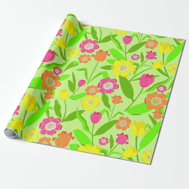 Papel De Presente Bonito Padrão Floral, Tulipas e Flores (Desenrolado)