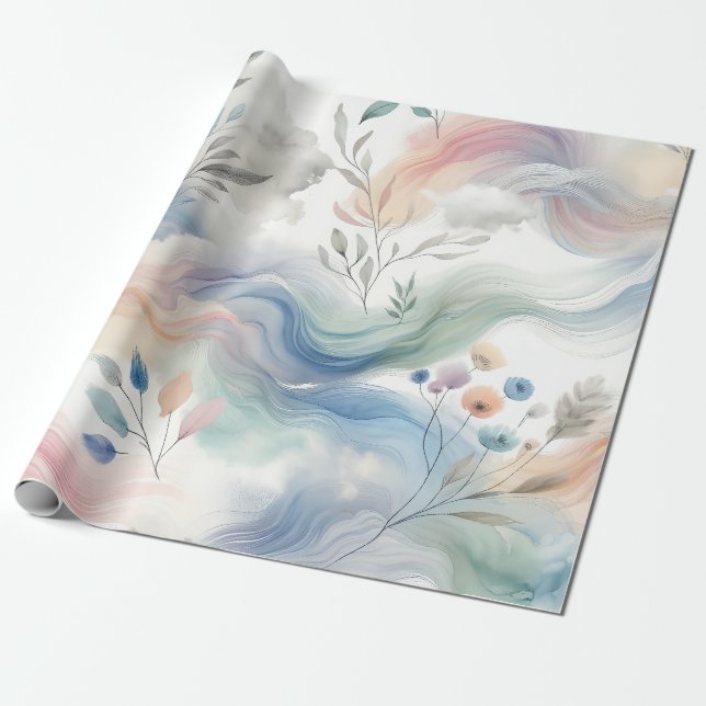Papel De Presente Bonito Padrões Florais Pastel Watercolor (Desenrolado)
