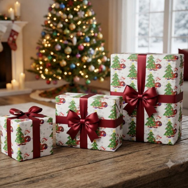 Papel De Presente Bonito Papai Noel de Desenho e Árvore de Natal par (Criador carregado)
