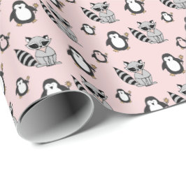 Papel De Presente Bonito Penguin Racoon Buddies Baby Gift Pink