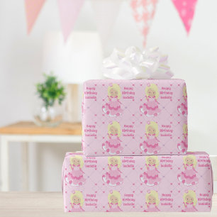 Papel De Presente Bonito Princesa Feliz Aniversário, Rosa Personaliz