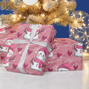 Papel De Presente Bonito Rosa Snowman corta o nome personalizado